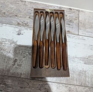Fleetwood Designer Stainless Teak Wood dinner Knive‎ Set of 6 Danish MCM w/ tray